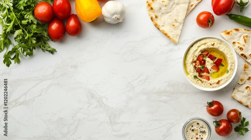 Hummus Flatbread Plate with Tomatoes Peppers Herbs and Garlic on Light Background Hummus Flatbread Plate with Tomatoes Peppers Herbs and Garlic on Light Background