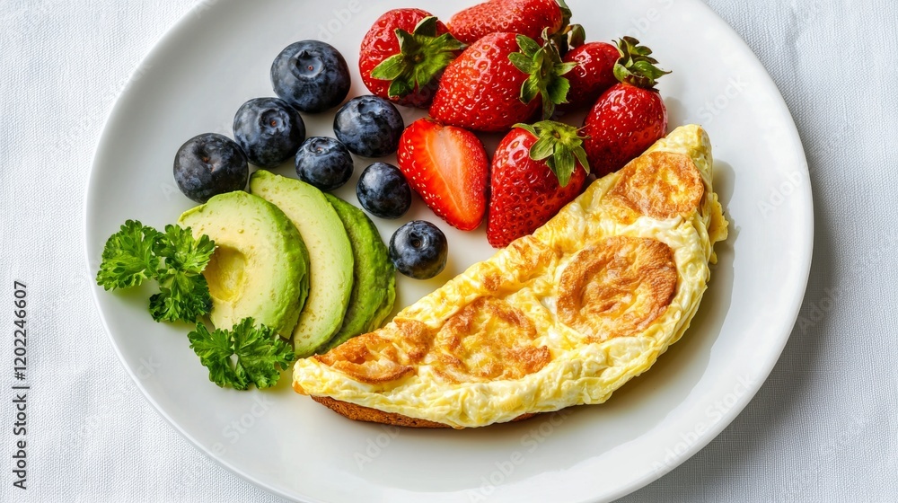 Omelette With Blueberries Strawberries Avocado and Parsley on White Plate Food Breakfast Meal. Omelette With Blueberries Strawberries Avocado and Parsley on White Plate Food Breakfast Meal.