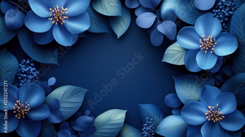 Photo of blue Background with Minimalistic Floral Motifs for Design, Featuring White Space in the Center for Text. Ideal for Banner Templates and Digital Projects. Abstract Minimalist Wallpaper.