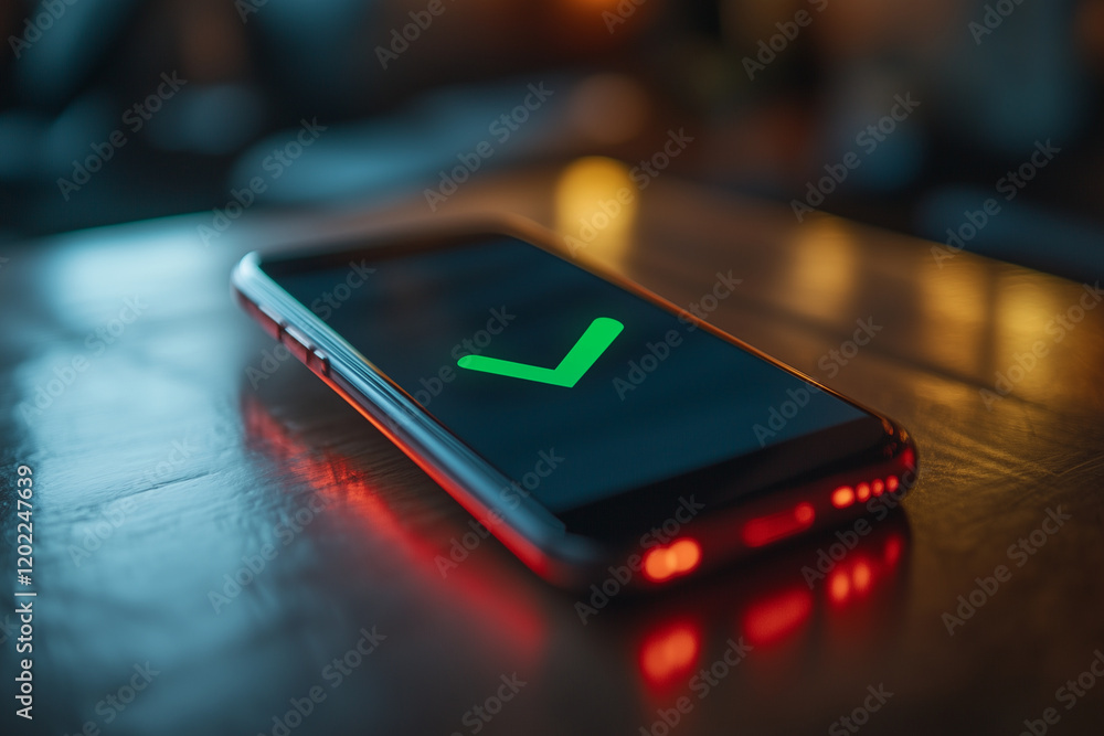 Two-factor authentication screen with a glowing green checkmark on a phone, simple and modern. Bright lighting, contrast Two-factor authentication screen with a glowing green checkmark on a phone, simple and modern. Bright lighting, contrast