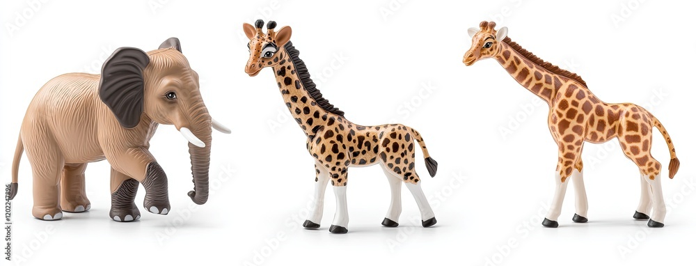 Obraz premium Colorful toy figurines of an elephant, giraffe, and tiger stand on a clean white background. Each figure showcases realistic features ideal for imaginative play and educational purposes