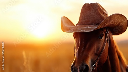 A majestic brown horse with a cowboy hat gazes against the backdrop of a golden sunset, embodying strength and elegance in a rustic, natural setting. photo