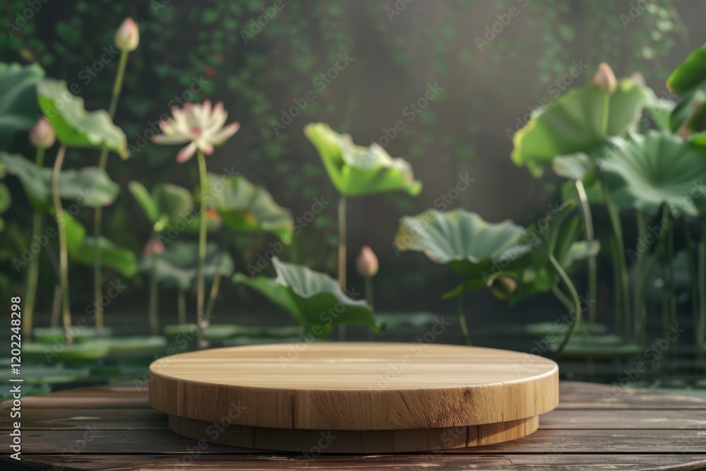 Serene Bamboo Platform Surrounded by Lotus Flowers in Still Water Serene Bamboo Platform Surrounded by Lotus Flowers in Still Water