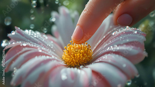 Gentle Finger Touching a Flower's Pollen with Water Droplets on Petals