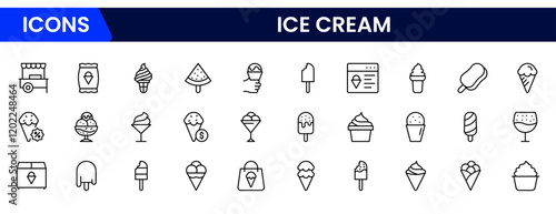 Ice cream icons frozen creamy desserts, gelato ice cream, wafer cone, caramel eskimo or chocolate glaze sundae whipped cream and fruit ice, fresh vanilla scoops