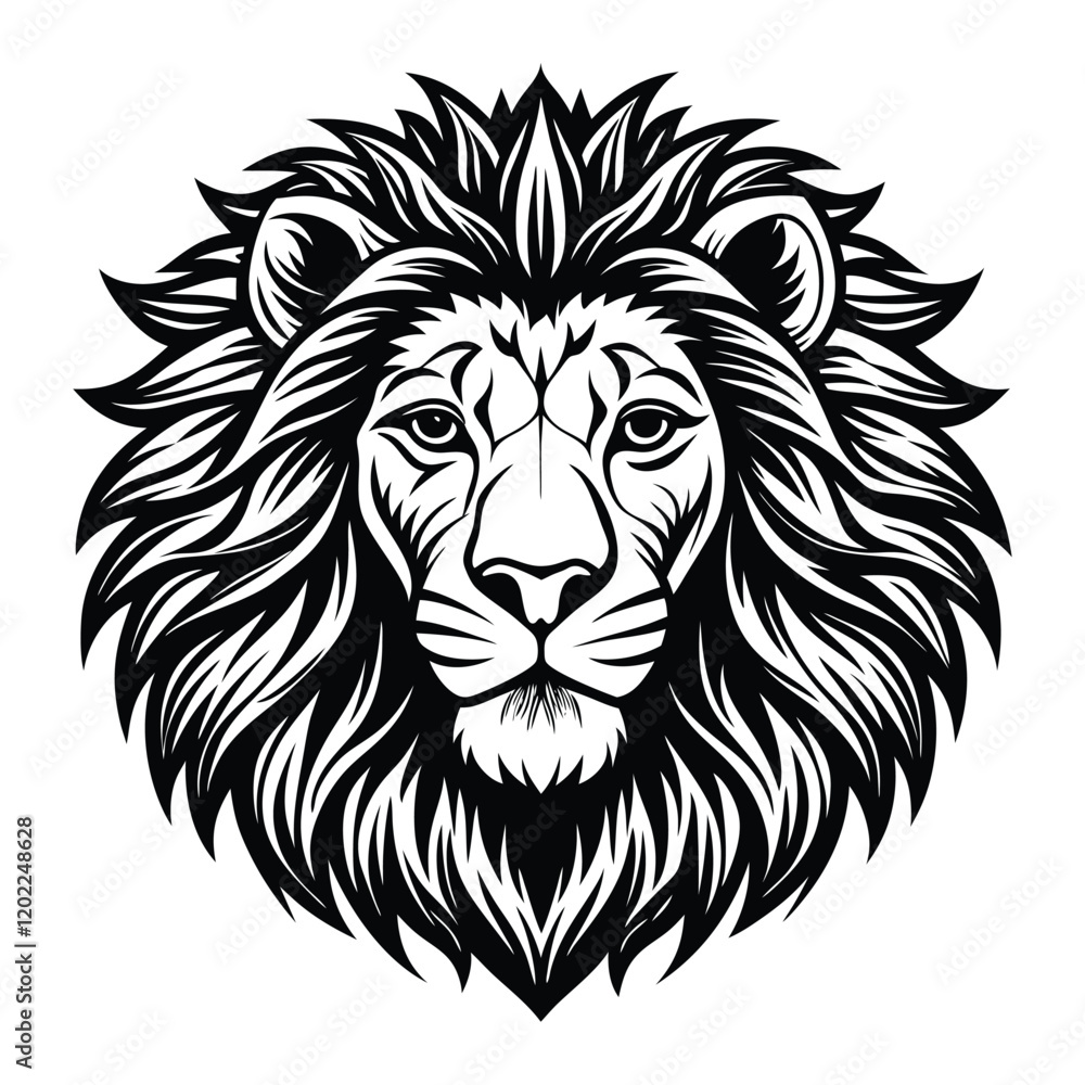 Fototapeta premium Majestic Lion Head silhouette and tattoo vector Illustration in Bold Black and White with a white background 