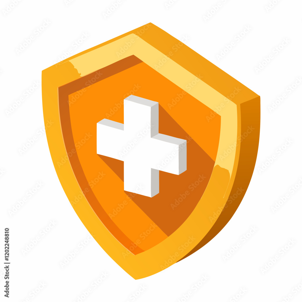 Fototapeta premium Orange Shield with First Aid Cross 3D Render Icon - Premium Isolated Medical Graphic.