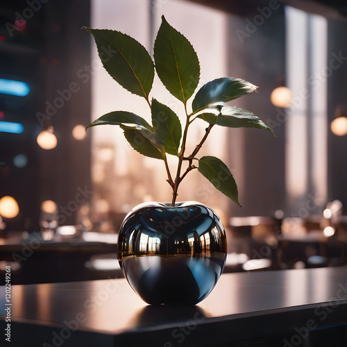 With masterful lighting and refined details, the image evokes a cinematic mood. The apple’s ultra-reflective surface interacts with dim light to produce a captivating glow, while the gleaming metallic photo