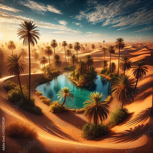 A lush oasis with a shimmering pool of water surrounded by palm trees in the heart of a vast, golden desert under a clear blue sky photo