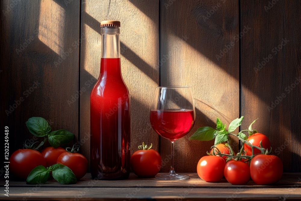 A minimalistic arrangement featuring a bottle of red tomato juice, a glass of juice, and fresh tomatoes on a wooden surface A minimalistic arrangement featuring a bottle of red tomato juice, a glass of juice, and fresh tomatoes on a wooden surface