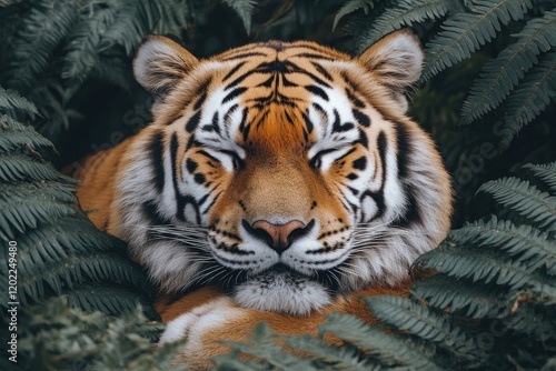 Serene Tiger Resting Amidst Lush Green Ferns photo