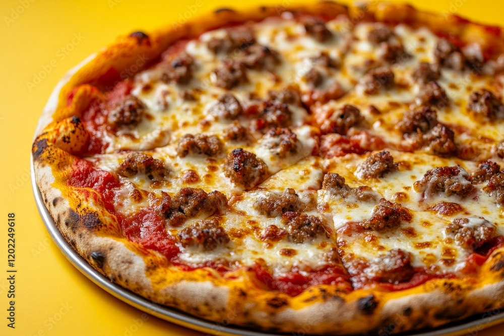 A close-up of a classic pizza topped with cheese and sausage on a vibrant yellow background A close-up of a classic pizza topped with cheese and sausage on a vibrant yellow background