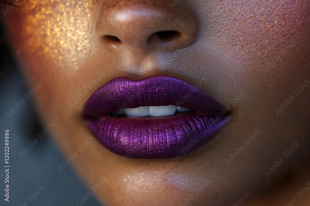 Fototapeta premium Close-up of a woman's lips with bold purple lipstick and shimmering golden highlights on her skin