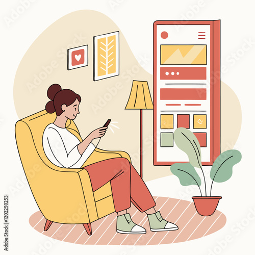 a woman sitting in a living room and using the phone in the background illustration of an app interface as metaphor colorful, please