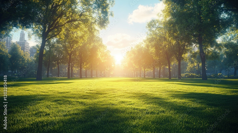 Sunlit Park Trees Sunrise Cityscape Background Sunlit Park Trees Sunrise Cityscape Background