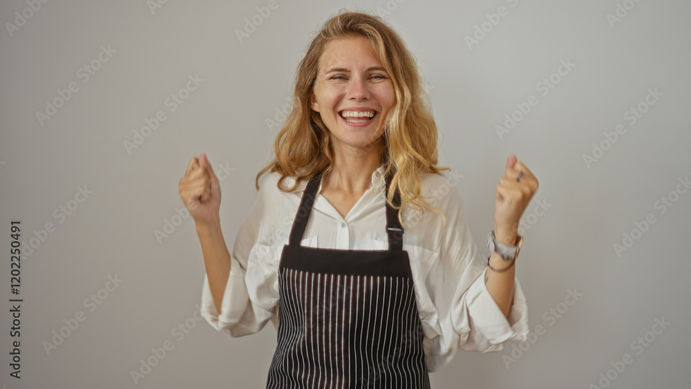 Obraz premium Young blonde caucasian woman with a beautiful smile celebrating success in casual white shirt and striped apron over isolated white background