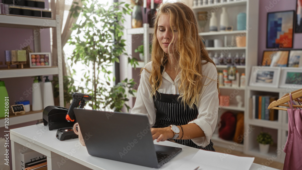 Woman working on a laptop in a decor store with shelves of home decor items in the background Woman working on a laptop in a decor store with shelves of home decor items in the background