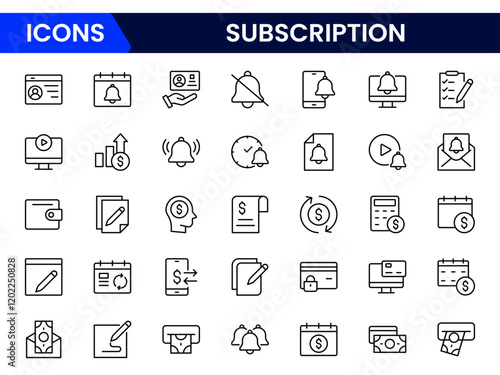 Subscription business icons such as service level agreement, churn, activation, billing, usage-based price, best customer experience, perks, and account vector thin line icons.
