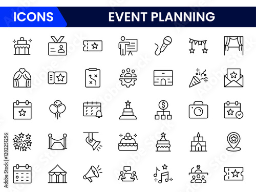 Event planning line icon set. Planning, decoration, venue, catering, timeline, music, guest etc.