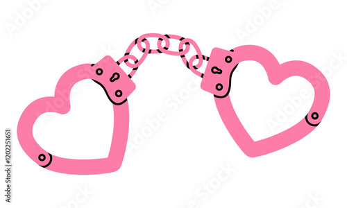 Hand drawn cute cartoon illustration of handcuffs in heart shape. Flat vector partner dependence in doodle style. Complex or habit icon print. Valentine's Day icon. Wedding vow. Isolated.