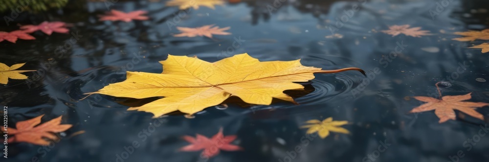 A yellow leaf floating in a small pool of water with surrounding autumn colors , floating leaf, peaceful scene, serene landscape A yellow leaf floating in a small pool of water with surrounding autumn colors , floating leaf, peaceful scene, serene landscape