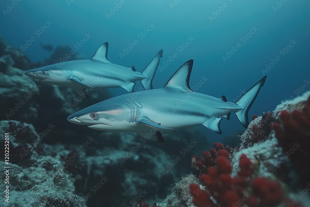 Fototapeta premium Two Grey Reef Sharks Swim Near Coral Reef