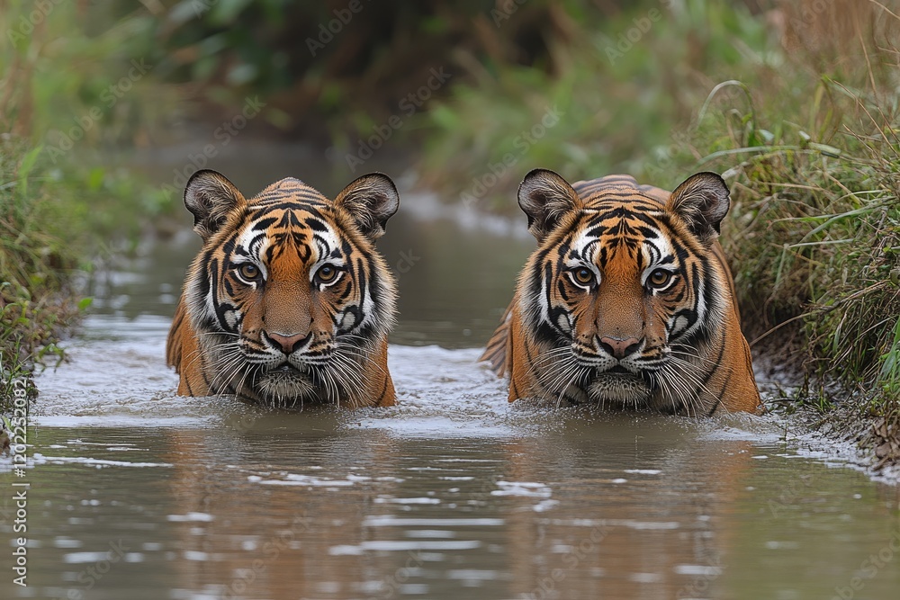 Two Majestic Tigers Walking Through a Shallow Stream Two Majestic Tigers Walking Through a Shallow Stream