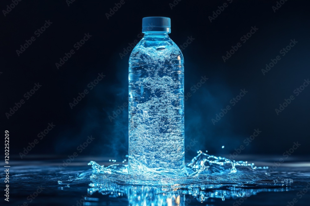 A transparent water bottle surrounded by splashing water against a dark background, creating a minimalistic and clean aesthetic A transparent water bottle surrounded by splashing water against a dark background, creating a minimalistic and clean aesthetic