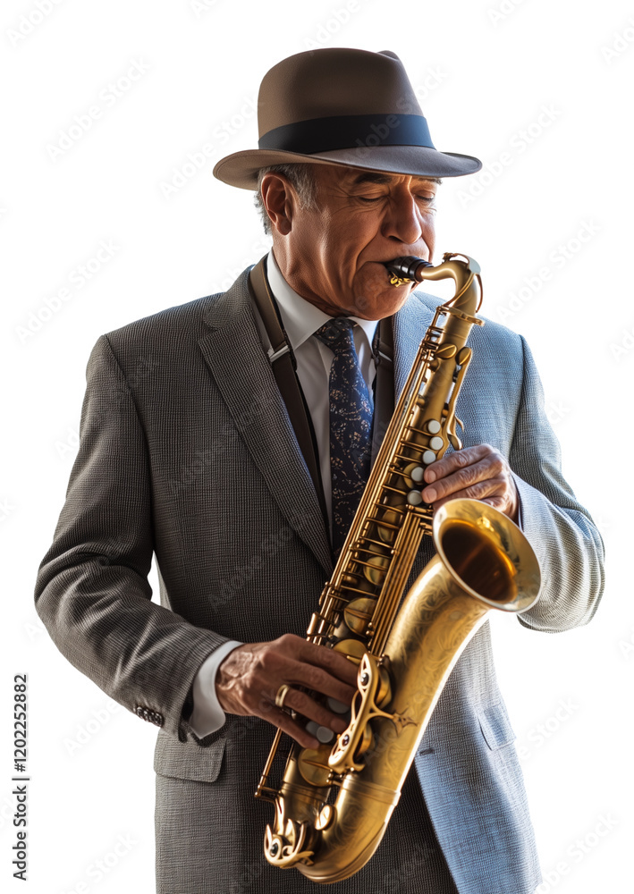 Fototapeta premium Clássico músico de Jazz tocanto saxofone em um fundo tranparente