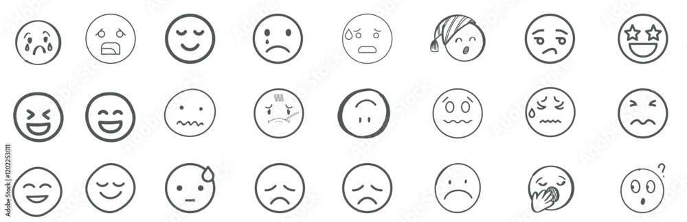 A set of 24 monochrome circular emoji icons displaying various facial expressions and emotions. Simple line-style illustrations include happy, sad, angry, surprised, love. A set of 24 monochrome circular emoji icons displaying various facial expressions and emotions. Simple line-style illustrations include happy, sad, angry, surprised, love.