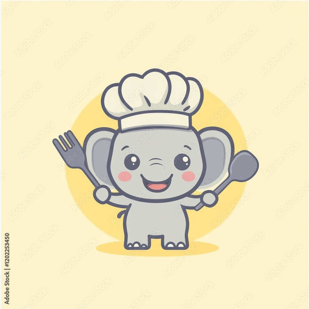Elephant chef holding fork and spoon, cooking. Use in children's books and art Elephant chef holding fork and spoon, cooking. Use in children's books and art