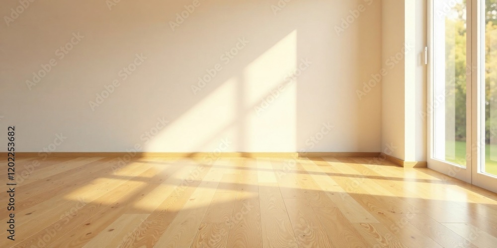 Sunlight streams through a window illuminating a pristine light wood floor and blank wall in a bright, airy room ready for interior design