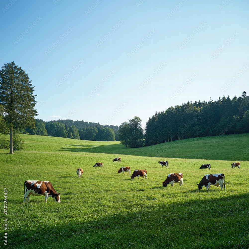 Cows peacefully grazing in a lush green meadow surrounded by trees in a serene rural landscape. Generative AI Cows peacefully grazing in a lush green meadow surrounded by trees in a serene rural landscape. Generative AI