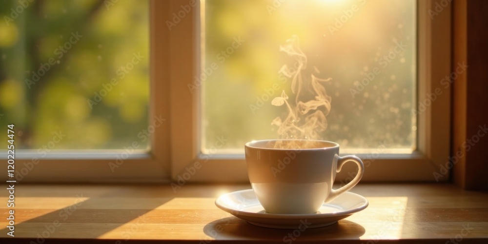 Warm beverage steaming gently in a white cup, sunlight streaming through a window onto a wooden surface, peaceful morning ambiance Warm beverage steaming gently in a white cup, sunlight streaming through a window onto a wooden surface, peaceful morning ambiance