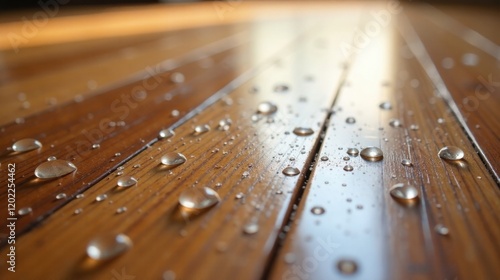 Close-up of water droplets on a polished wooden surface, showcasing the texture and reflectivity of the wood grain photo