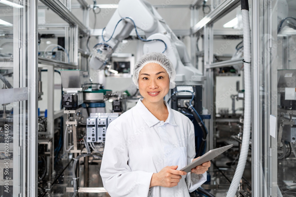 Portrait of Japanese engineer with bar code scanner controlling quality in electronics production factory. Portrait of Japanese engineer with bar code scanner controlling quality in electronics production factory.