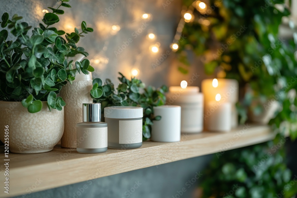 A minimalistic display of cosmetic items, including jars and candles, arranged on a wooden shelf with greenery and soft lighting