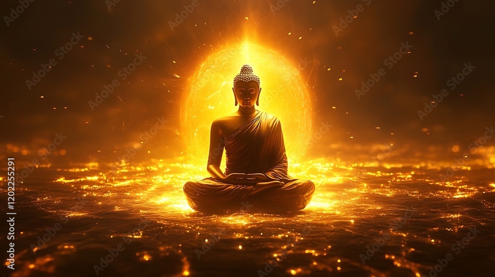 A symbolic image of Gautama Buddha sitting in a traditional meditation pose with a glowing aura, reflecting serenity and inner peace A symbolic image of Gautama Buddha sitting in a traditional meditation pose with a glowing aura, reflecting serenity and inner peace