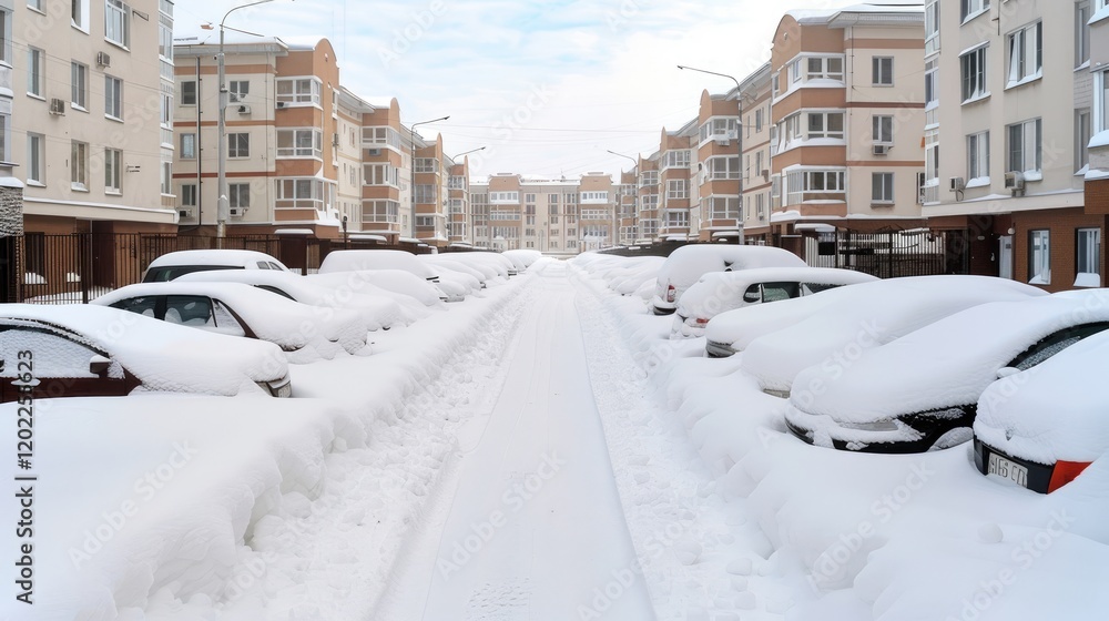 Obraz premium A car is completely covered with fresh white snow in a parking lot following a heavy blizzard. The surrounding area showcases a serene winter landscape with deep snow on the street