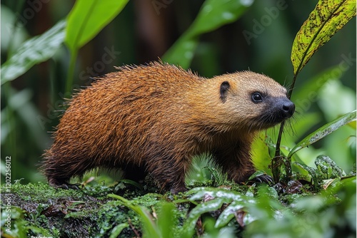 Young Lowland Streaked Tenrec in Lush Green Foliage photo