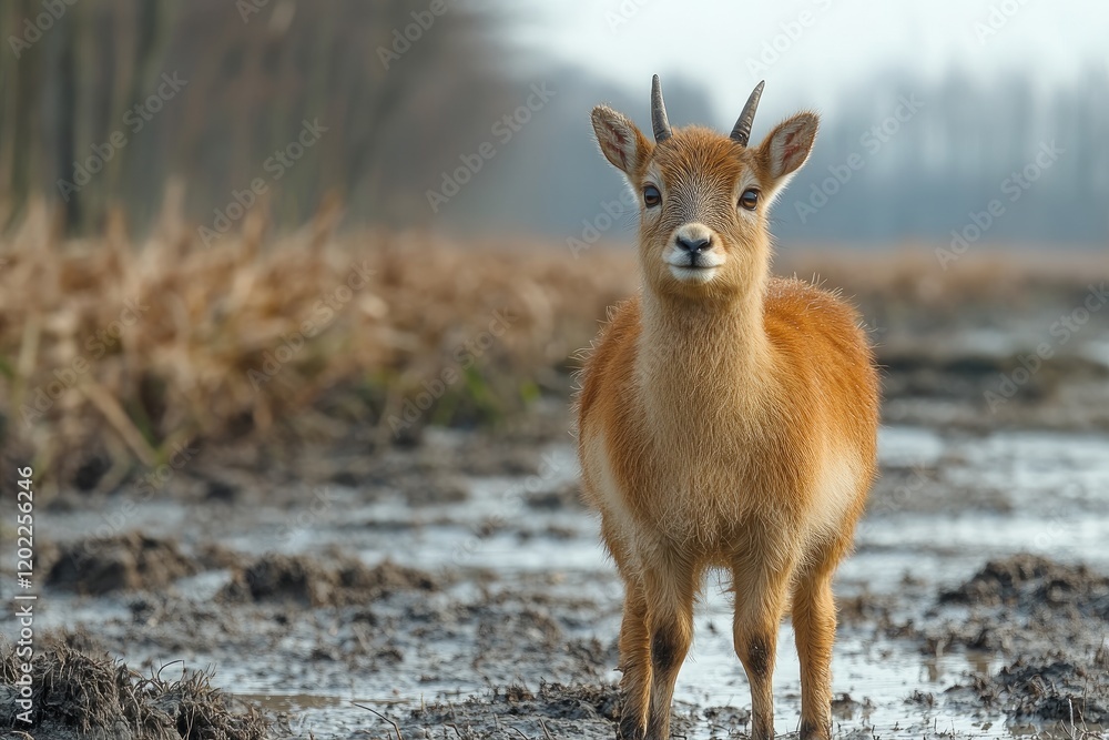 Young Red Lechwe Antelope Stands In Muddy Wetland Young Red Lechwe Antelope Stands In Muddy Wetland