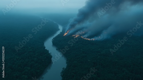 Aerial Perspective of a Wildfire along a River 23 photo