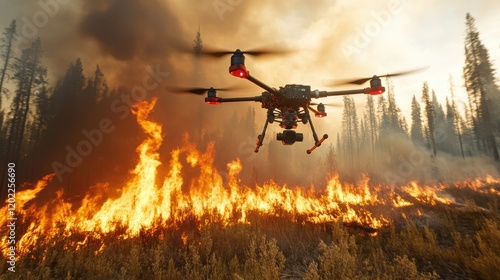 A drone flies through towering flames in a forest, capturing striking images of a vast wildfire, representing the intersection of nature's fury and advanced technology. photo