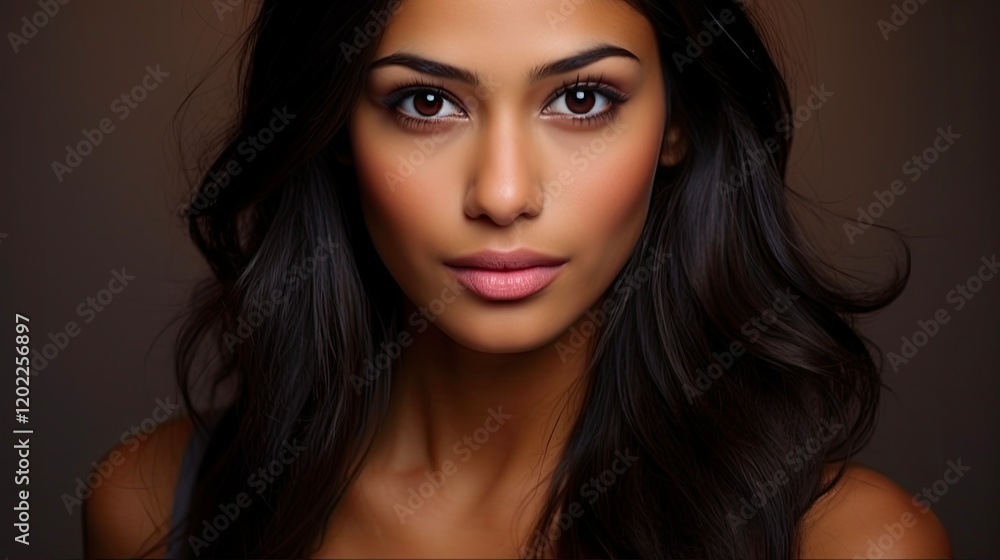 Naklejka premium Beautiful Asian Indian Woman. Studio Headshot with Captivating Brown Eyes and Enchanting Smile