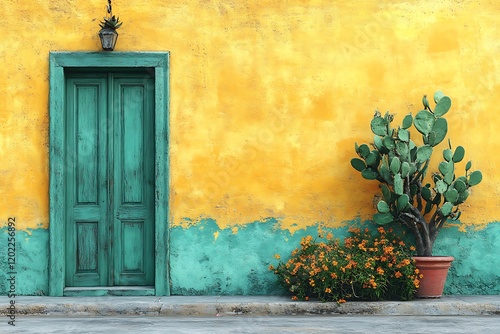 Teal Door Yellow Wall Cactus Flowers Potted Plants
