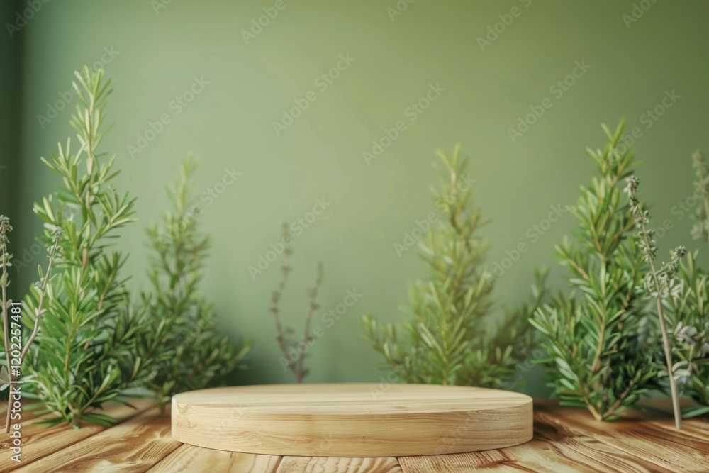 Wooden Display Platform Surrounded by Fresh Green Plants Wooden Display Platform Surrounded by Fresh Green Plants