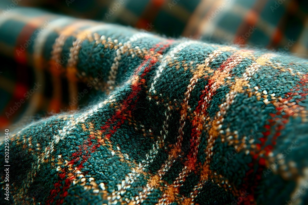 Close-up of a green plaid fabric with red and yellow tartan pattern, symbolizing traditional Scottish textile craftsmanship, ideal for Tartan Day celebrations and showcasing cultural heritage. Close-up of a green plaid fabric with red and yellow tartan pattern, symbolizing traditional Scottish textile craftsmanship, ideal for Tartan Day celebrations and showcasing cultural heritage.