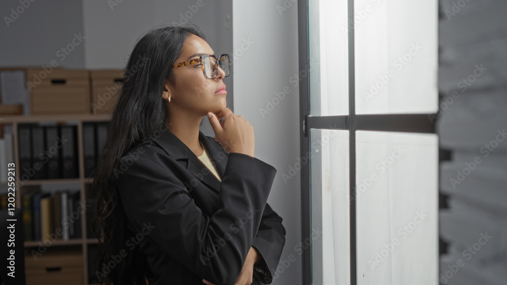 Young brunette woman in office looking thoughtfully out the window, wearing glasses and a black blazer, surrounded by file cabinets and shelves, displaying a professional and pensive demeanor Young brunette woman in office looking thoughtfully out the window, wearing glasses and a black blazer, surrounded by file cabinets and shelves, displaying a professional and pensive demeanor