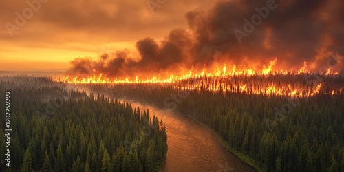 Aerial Perspective of a Wildfire along a River 13 photo