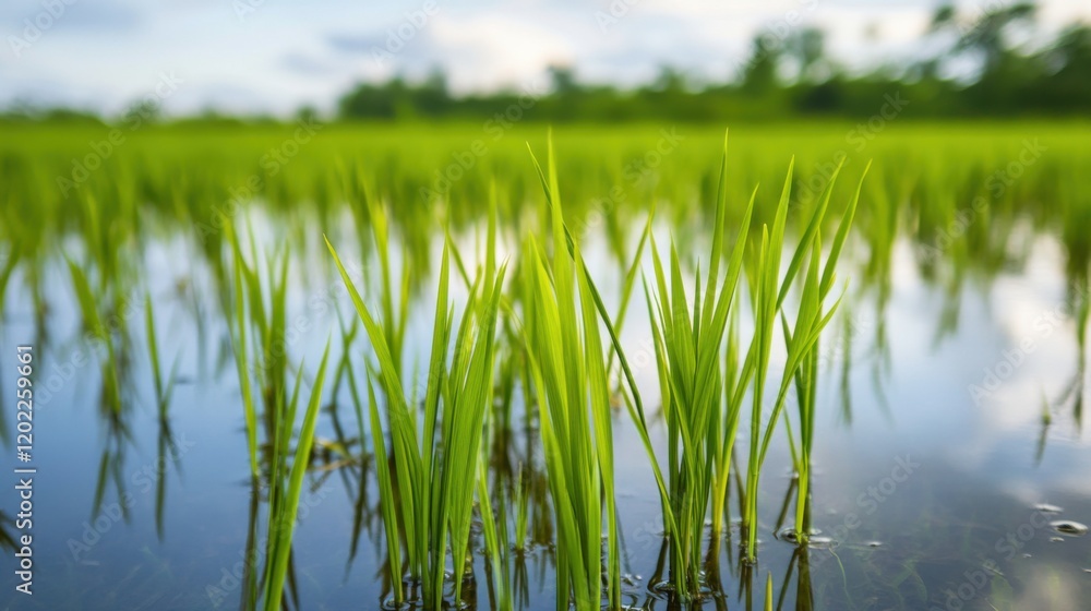 Lush green rice plants in a flooded paddy field. Showcasing the cultivation process and agricultural beauty. Ideal for agricultural magazines and educational materials. Lush green rice plants in a flooded paddy field. Showcasing the cultivation process and agricultural beauty. Ideal for agricultural magazines and educational materials.